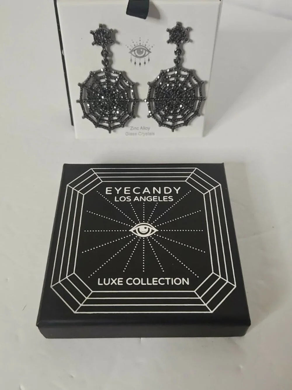 NIB Eye Candy LA Luxe Collection Spider Web Crystal Statement Earrings Pierced - Picture 2 of 4